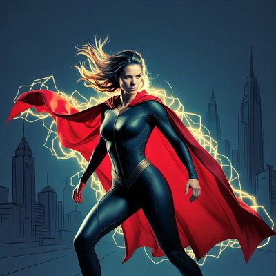 Female superhero with red cape in city
