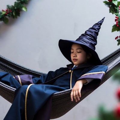 Asian girl sleeping in witch costume hammock