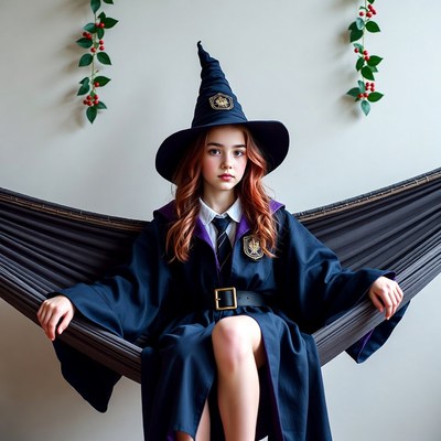 Girl in Witch Hat and Robe in Hammock