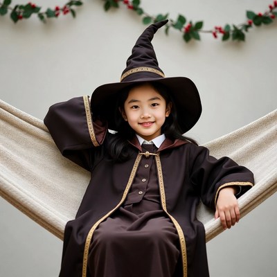 Asian girl in witch costume on hammock