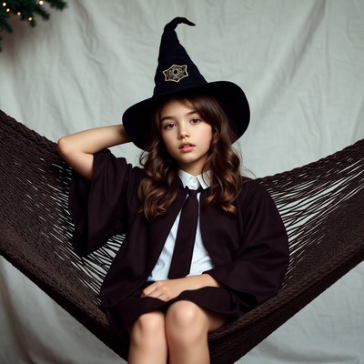 Girl in witch costume in hammock