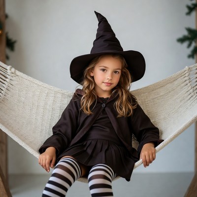 Girl in witch costume on hammock