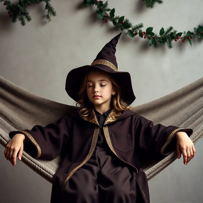 Girl in witch costume sleeping in hammock