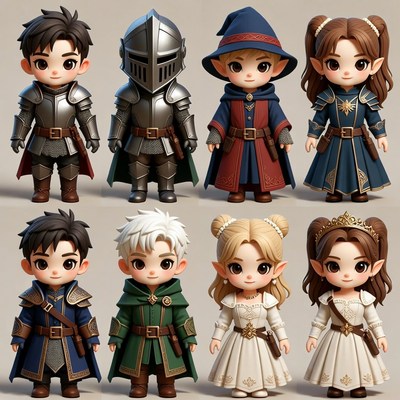 Chibi Fantasy Knights Wizards Princesses Illustration