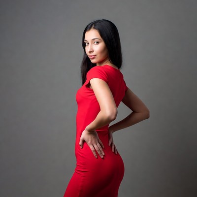 Asian woman in red dress side view