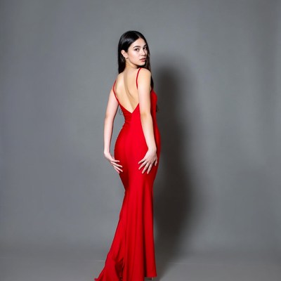 Asian woman in red backless gown