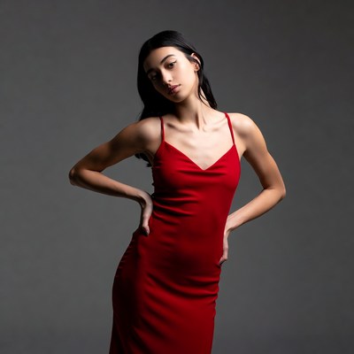 Asian woman in red slip dress