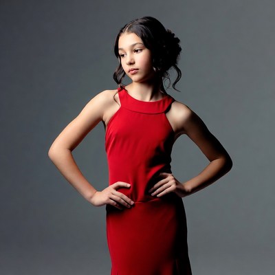 Girl in red dress hands on hips