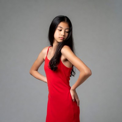 Asian girl in red dress posing
