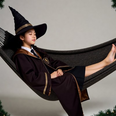 Asian girl in witch robe relaxing in hammock