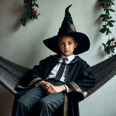Boy in wizard costume on hammock