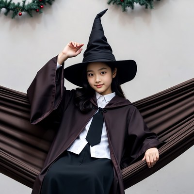 Asian girl in witch costume on hammock