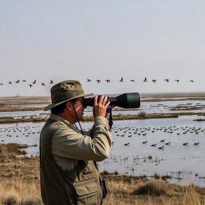 Man birdwatching with binoculars in wetlands