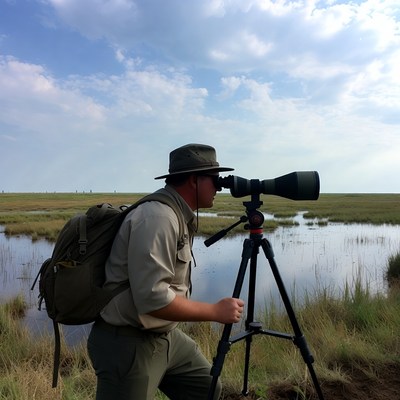 Man viewing through tripod telescope