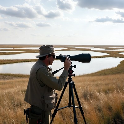 Man birdwatching with spotting scope