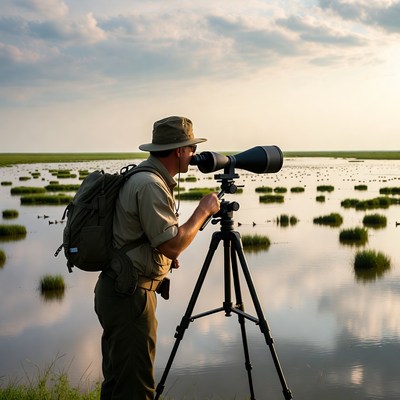 Man using spotting scope in wetlands
