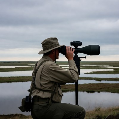 Man birdwatching with spotting scope