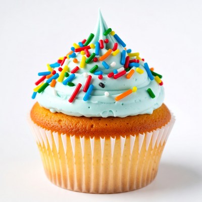 Blue frosted cupcake with sprinkles