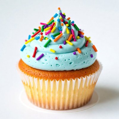 Blue cupcake with rainbow sprinkles