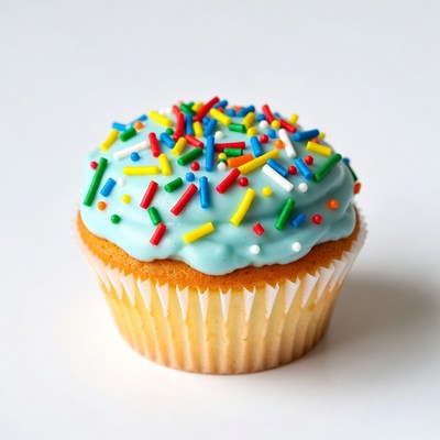 Blue cupcake with rainbow sprinkles