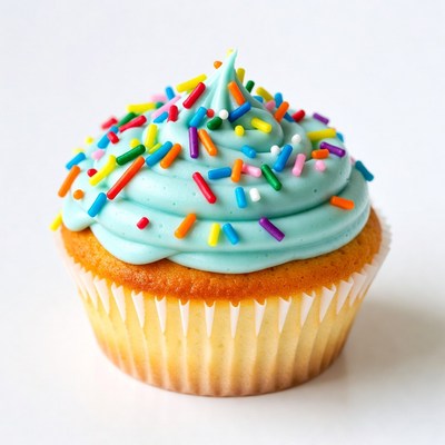 Blue frosted cupcake with rainbow sprinkles