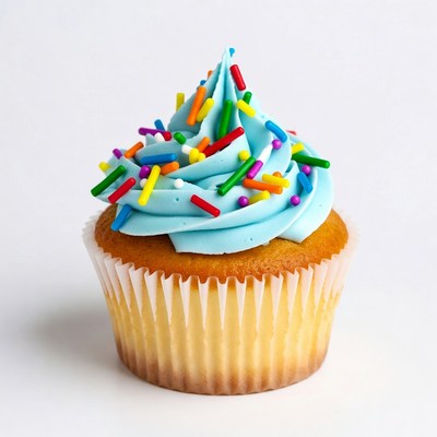 Blue cupcake with rainbow sprinkles
