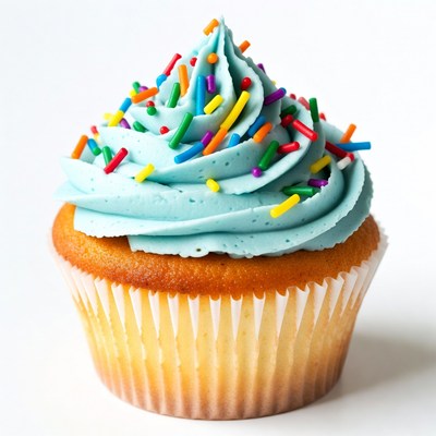 Blue cupcake with rainbow sprinkles