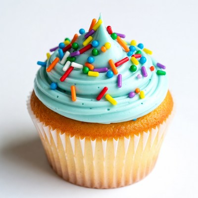 Cupcake with turquoise frosting and sprinkles