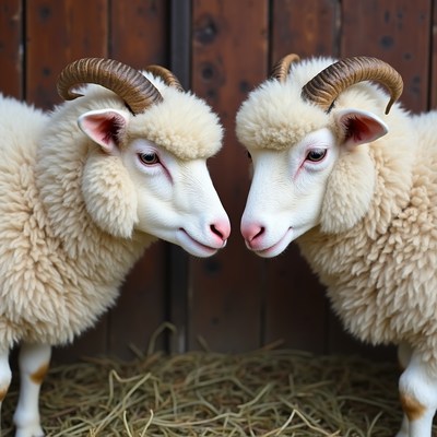 Two fluffy white sheep with horns
