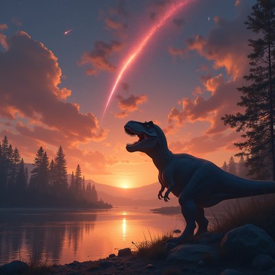 T-Rex Silhouette at Sunset with Meteor
