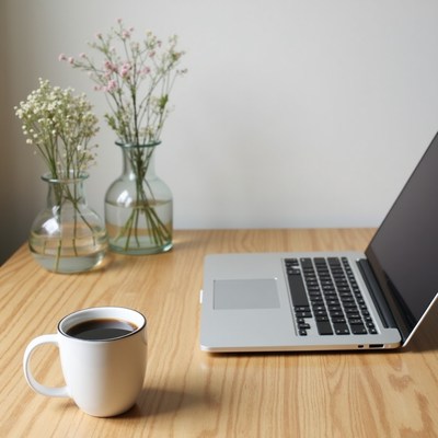 Coffee Cup Laptop Flowers Desk