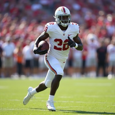 African-American football player running with ball