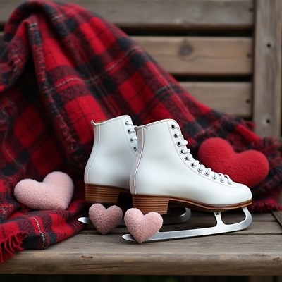 White Ice Skates with Plaid Blanket Hearts