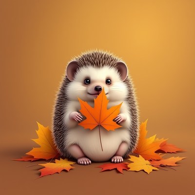 Cute hedgehog holding autumn leaf