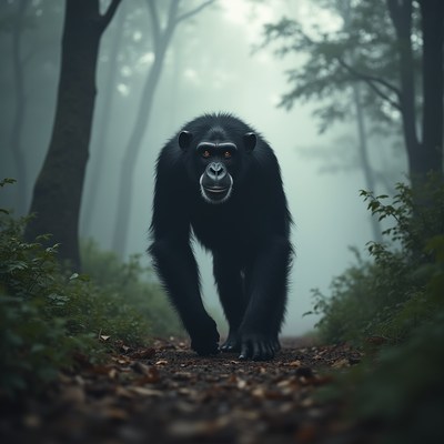 Chimpanzee walking in misty forest