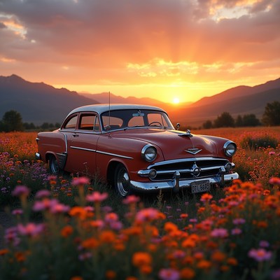 Red vintage car in flower field sunset