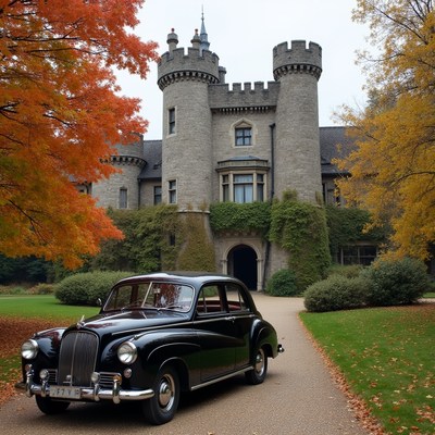 Vintage Black Car at Autumn Castle