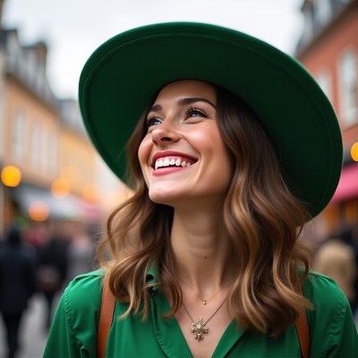 Smiling woman in green hat on street