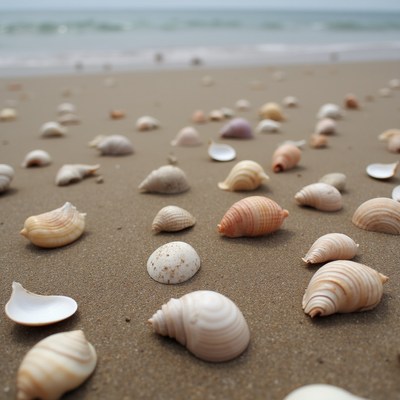 Colorful seashells scattered on beach sand