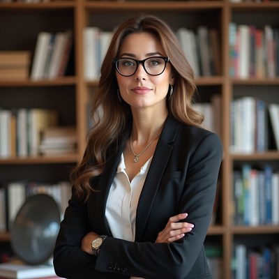 Woman in black blazer with arms crossed