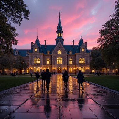 Gothic University Building at Pink Sunset