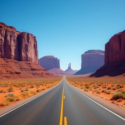 Straight road through red rock canyons