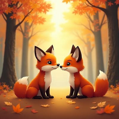 Two Cute Foxes in Autumn Forest