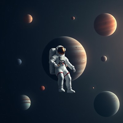 Astronaut floating among planets
