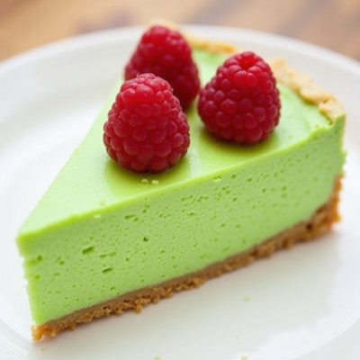 Green Cheesecake Slice with Raspberries