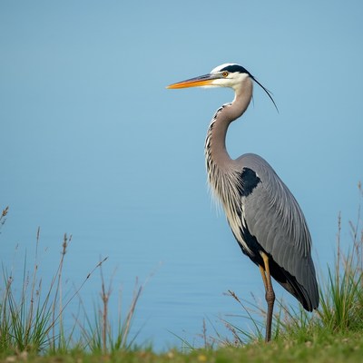 Grey Heron Standing in Grass
