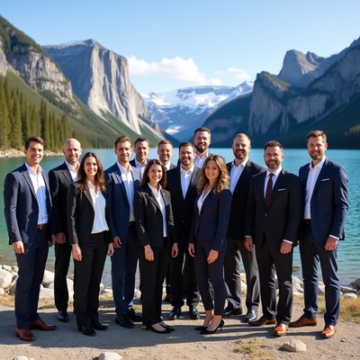 Business team posing by mountain lake