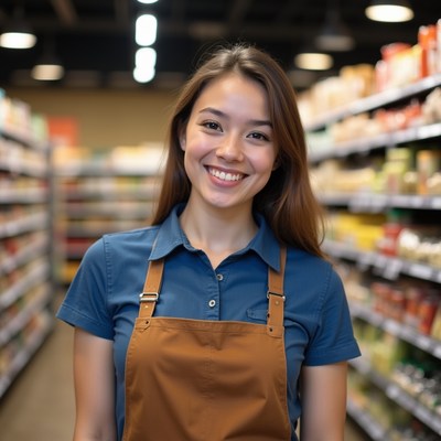 Asian woman in apron at supermarket