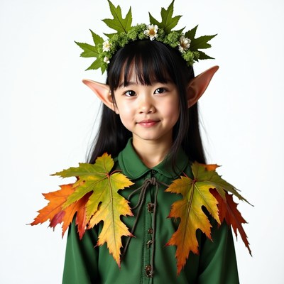 Asian girl in leaf elf costume