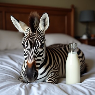 Zebra lying on bed with milk bottle